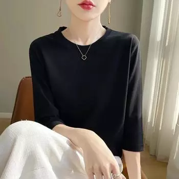 Женская летняя футболка с круглым вырезом и рукавом семь четвертей, свободные тонкие удобные повседневные топы 3XL