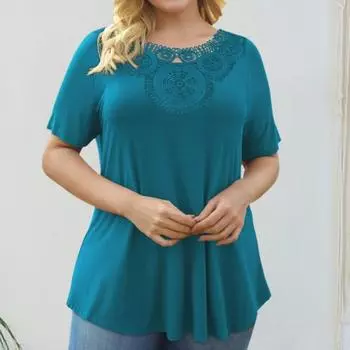 Женская летняя футболка с круглым вырезом, кружевная полые футболки с короткими рукавами, однотонная, свободная 3XL белый