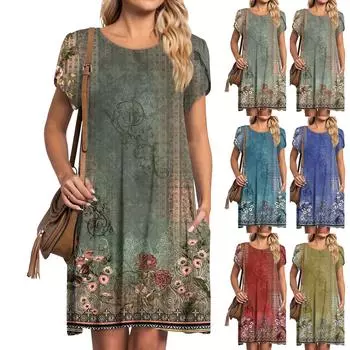 Женская летняя футболка с круглым вырезом, платье с принтом и рукавами-лепестками, с карманами L синий