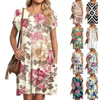 Женская летняя футболка с круглым вырезом, платье с принтом и рукавами-лепестками, с карманами L бежевый