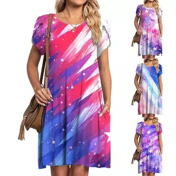 Женская летняя футболка с круглым вырезом, платье с принтом и рукавами-лепестками, с карманами L