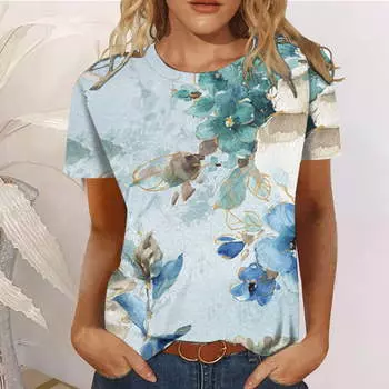 Женская летняя футболка с круглым вырезом, темпераментная, элегантная, дышащая, с короткими рукавами, с цветочным узором, свободная, повседневная женская футболка S