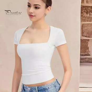 Женская летняя футболка с квадратным воротником, пуловер с короткими рукавами, облегающая однотонная футболка, уличная одежда S белый