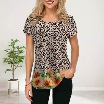 Женская летняя футболка с леопардовым принтом и подсолнухами, футболки с коротким рукавом, повседневные топы с принтом XS коричневый