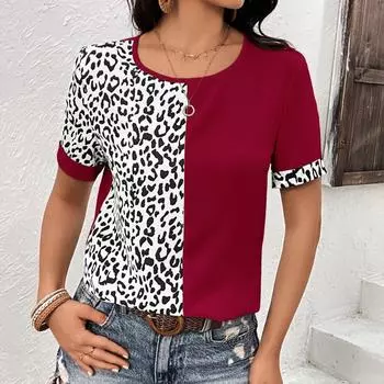Женская летняя футболка с леопардовым принтом в стиле пэчворк с круглым вырезом и короткими рукавами для женщин S белый