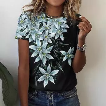 Женская летняя футболка с очаровательным цветочным принтом, футболки с короткими рукавами, повседневные топы с принтом XS синий