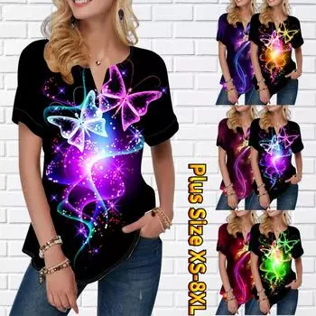 Женская летняя футболка с ослепительным принтом бабочки, футболки с короткими рукавами, повседневные топы, маленький v-образный вырез с короткими рукавами XS синий