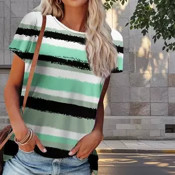 Женская летняя футболка с полосатым принтом в стиле ретро, футболки с коротким рукавом, повседневные топы с принтом XS фиолетовый