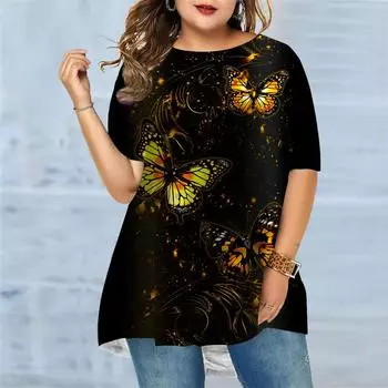 Женская летняя футболка с пятнистым принтом бабочки больших размеров, удобная футболка с короткими рукавами и круглым вырезом, повседневная мешковатая футболка средней длины XS фиолетовый