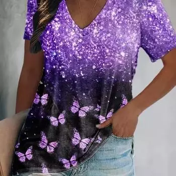 Женская летняя футболка с принтом бабочек, свободная женская трендовая одежда, модная женская рубашка, футболки с V-образным вырезом S