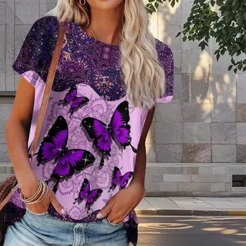 Женская летняя футболка с принтом бабочек в стиле ретро, футболки с коротким рукавом, повседневные топы с принтом XS серый