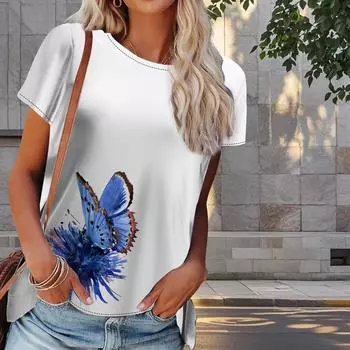 Женская летняя футболка с принтом бабочек в стиле ретро, футболки с коротким рукавом, повседневные топы с принтом XS синий