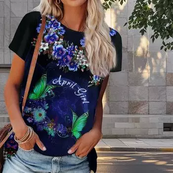 Женская летняя футболка с принтом бабочек в стиле ретро, футболки с коротким рукавом, повседневные топы с принтом XS синий