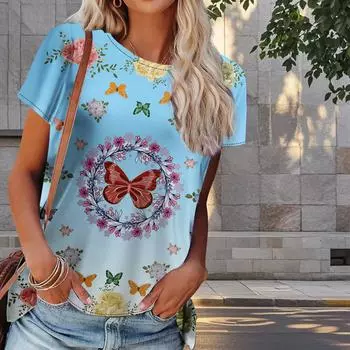 Женская летняя футболка с принтом бабочек в стиле ретро, футболки с коротким рукавом, повседневные топы с принтом XS фиолетовый