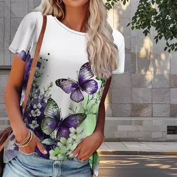 Женская летняя футболка с принтом бабочек в стиле ретро, футболки с коротким рукавом, повседневные топы с принтом XS фиолетовый