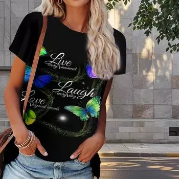 Женская летняя футболка с принтом бабочек в стиле ретро, футболки с коротким рукавом, повседневные топы с принтом XS синий