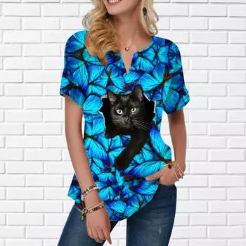 Женская летняя футболка с принтом «бабочка-кошка», короткие рукава, повседневные топы с принтом, небольшой V-образный вырез, короткие рукава XS синий