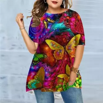 Женская летняя футболка с принтом бабочки и сказочной страны больших размеров, удобная футболка с короткими рукавами и круглым вырезом, повседневная мешковатая футболка средней длины XS красный