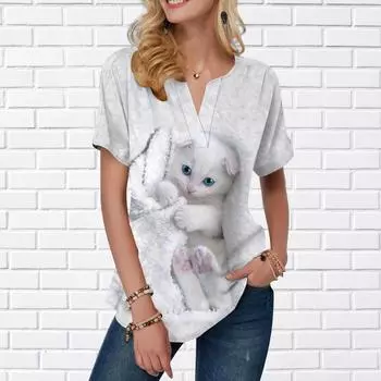Женская летняя футболка с принтом белого кота, футболки с короткими рукавами, повседневные топы с принтом, маленький v-образный вырез с короткими рукавами XS белый