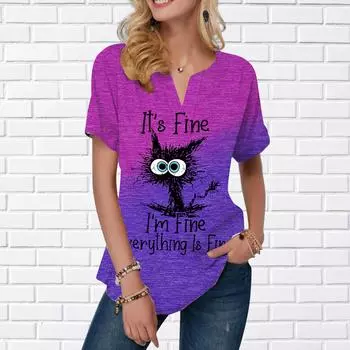 Женская летняя футболка с принтом Big Eyed Fried Hair с коротким рукавом, повседневные топы с принтом, небольшой V-образный вырез, короткие рукава XS фиолетовый