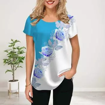 Женская летняя футболка с принтом Blue Pearl Rose, футболки с коротким рукавом, повседневные топы с принтом XS синий
