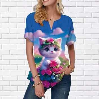 Женская летняя футболка с принтом Cat Garden, футболки с короткими рукавами, повседневные топы с принтом, небольшой V-образный вырез, короткие рукава XS синий