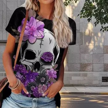 Женская летняя футболка с принтом черепа и розы, ретро-мода, футболки с коротким рукавом, повседневные топы с принтом XS синий