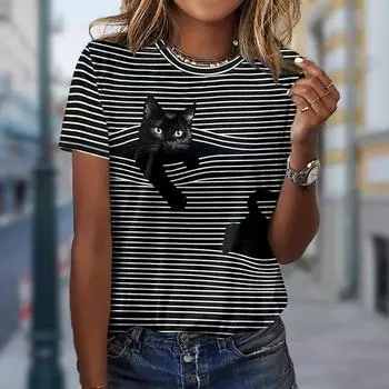 Женская летняя футболка с принтом черного кота, футболки с коротким рукавом, повседневные топы с принтом XS серый
