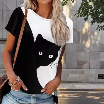 Женская летняя футболка с принтом черного кота в стиле ретро, футболки с коротким рукавом, повседневные топы с принтом XS синий