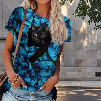 Женская летняя футболка с принтом черного кота в стиле ретро, футболки с коротким рукавом, повседневные топы с принтом XS серый