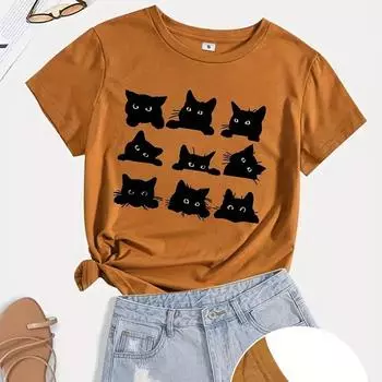 Женская летняя футболка с принтом черного котенка, футболки с коротким рукавом, повседневные топы с принтом XS белый