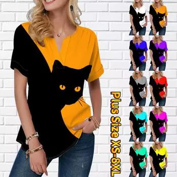 Женская летняя футболка с принтом черной кошки, футболки с короткими рукавами, повседневные топы, маленький v-образный вырез с короткими рукавами 2XL чёрный