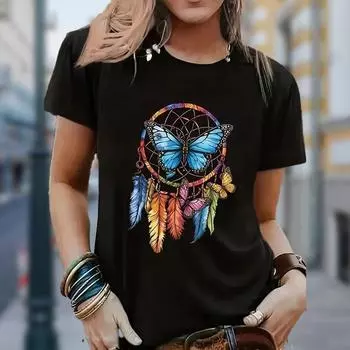 Женская летняя футболка с принтом «Деревья и бабочки», футболки с коротким рукавом, повседневные топы с принтом XS чёрный