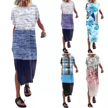 Женская летняя футболка с принтом, длинные платья с рукавами и круглым вырезом, повседневное свободное платье с разрезом L синий