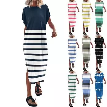 Женская летняя футболка с принтом, длинные платья с рукавами и круглым вырезом, повседневное свободное платье с разрезом L