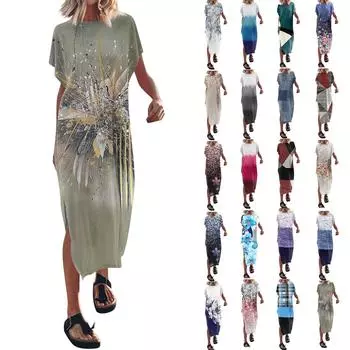 Женская летняя футболка с принтом, длинные платья с рукавами и круглым вырезом, повседневное свободное платье с разрезом L синий