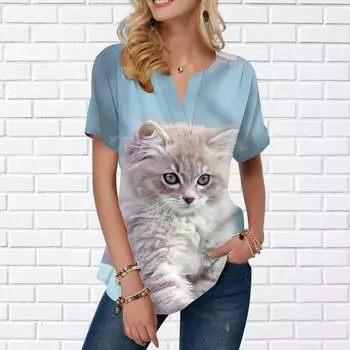 Женская летняя футболка с принтом Fat Cat, футболки с короткими рукавами, повседневные топы с принтом, маленький v-образный вырез с короткими рукавами XS синий