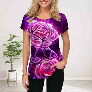 Женская летняя футболка с принтом фиолетовой розы, футболки с коротким рукавом, повседневные топы с принтом XS фиолетовый