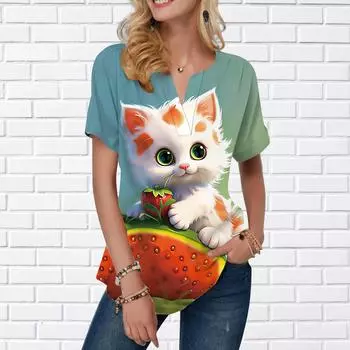 Женская летняя футболка с принтом фруктового кота, футболки с короткими рукавами, повседневные топы с принтом, маленький v-образный вырез с короткими рукавами XS синий