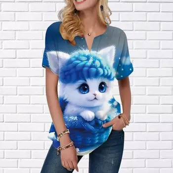 Женская летняя футболка с принтом голубоглазой кошки, футболки с коротким рукавом, повседневные топы с принтом, небольшой V-образный вырез, короткие рукава XS синий