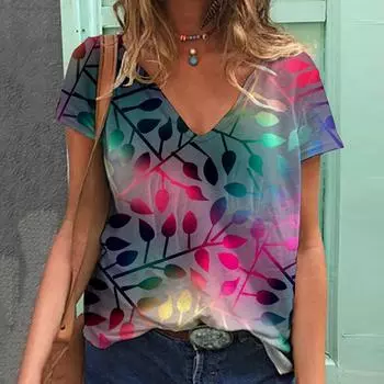 Женская летняя футболка с принтом хрустальных листьев и короткими рукавами, повседневные топы с принтом XS разноцветный