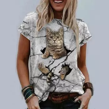 Женская летняя футболка с принтом кота, футболки с короткими рукавами, повседневные топы с принтом XS синий