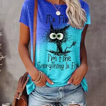 Женская летняя футболка с принтом кота, футболки с короткими рукавами, повседневные топы с принтом XS красный