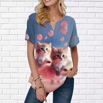 Женская летняя футболка с принтом кота и воздушным шаром, футболки с короткими рукавами, повседневные топы с принтом, маленький v-образный вырез, короткие рукава XS синий