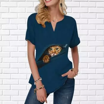 Женская летняя футболка с принтом кота на кармане, футболки с коротким рукавом, повседневные топы с принтом, небольшой V-образный вырез, короткие рукава XS серый