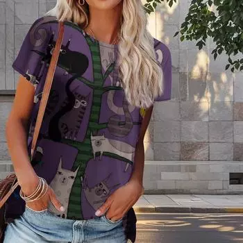 Женская летняя футболка с принтом кота в стиле ретро, футболки с коротким рукавом, повседневные топы с принтом XS синий