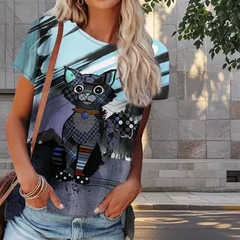 Женская летняя футболка с принтом кота в стиле ретро, футболки с коротким рукавом, повседневные топы с принтом XS фиолетовый