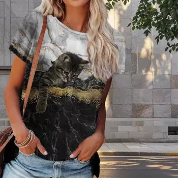 Женская летняя футболка с принтом котенка в стиле ретро, футболки с коротким рукавом, повседневные топы с принтом XS синий