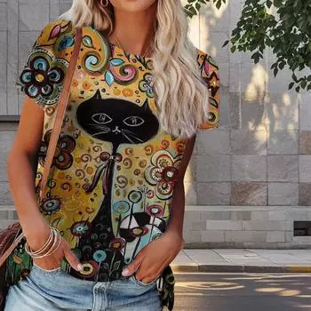 Женская летняя футболка с принтом котенка в стиле ретро, футболки с коротким рукавом, повседневные топы с принтом XS фиолетовый