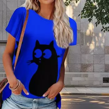 Женская летняя футболка с принтом котенка в стиле ретро, футболки с коротким рукавом, повседневные топы с принтом XS фиолетовый